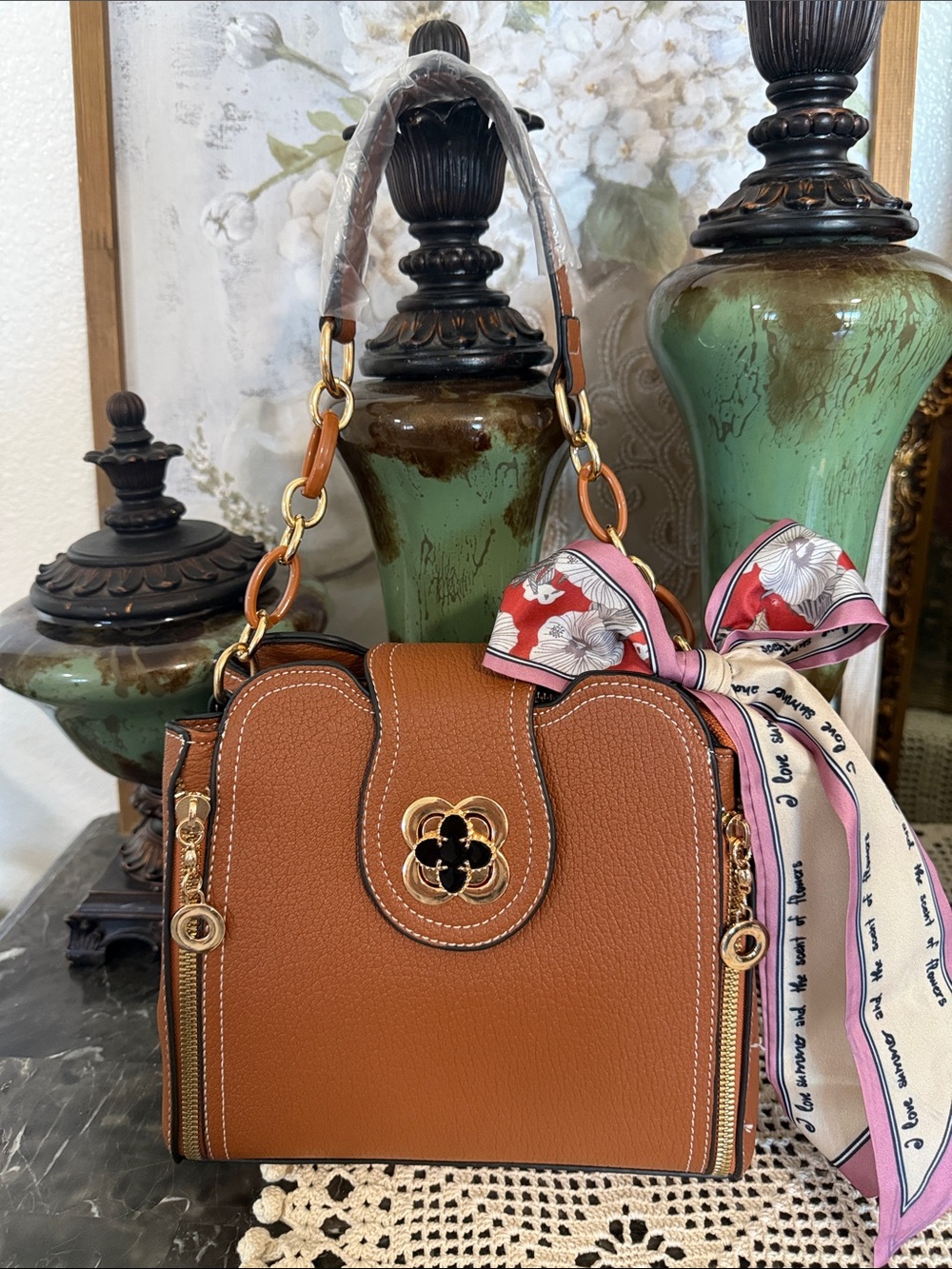 Source Unknown Tan Leather Satchel with Pink Floral Scarf Accent